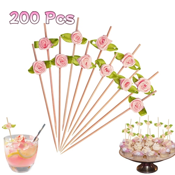 Fruit Skewers for Party 200 Pcs Pink Rose Cocktail Picks 4.7 Inch Bamboo Fancy Toothpicks Decorative