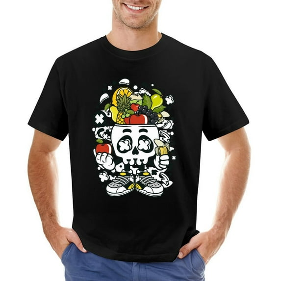 Fruit Skull Head Men’s T-Shirt 100% Cotton Casual Short Sleeve Tops Gift Tee Black 3XL