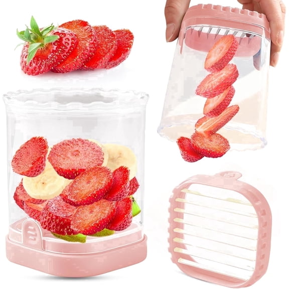 Strawberry Slicer,Fruit Slicer, Detachable Cutter with Push Plate,Multi-Functional Kitchen Gadget(Pink)