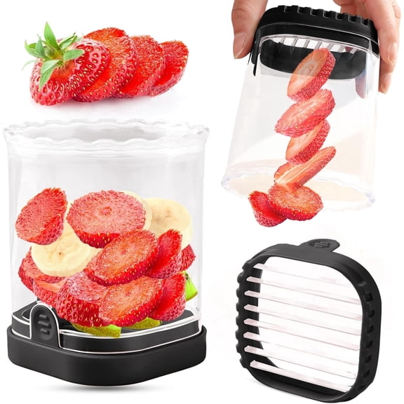 Fruit Slicer Cup with Push Plate, Detachable Strawberry Banana Grape Cutter, Multi-Function Fruit and Egg Slicer Kitchen Gadget for Quick Easy Slicing(Black)