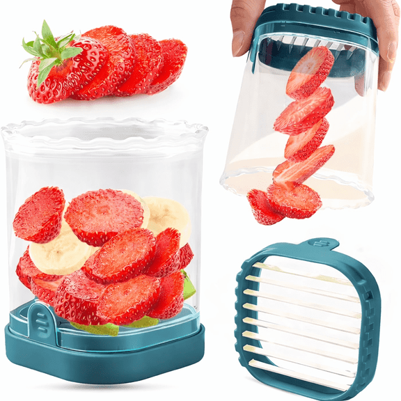 Fruit Slicer Cup with Push Plate, Detachable Strawberry Banana Grape Cutter, Multi-Function Fruit and Egg Slicer Kitchen Gadget for Quick Easy Slicing(Dark Teal)