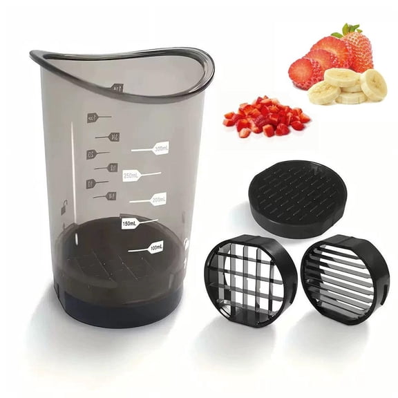 Fruit Slicing Cup with Removable , Stainless Steel Fruit Cutter Cup with 3 Blades Vegetable Slicer Dicer with Measuring Scale Portable Quick Food Chopper for Kitchen Picnic Prep