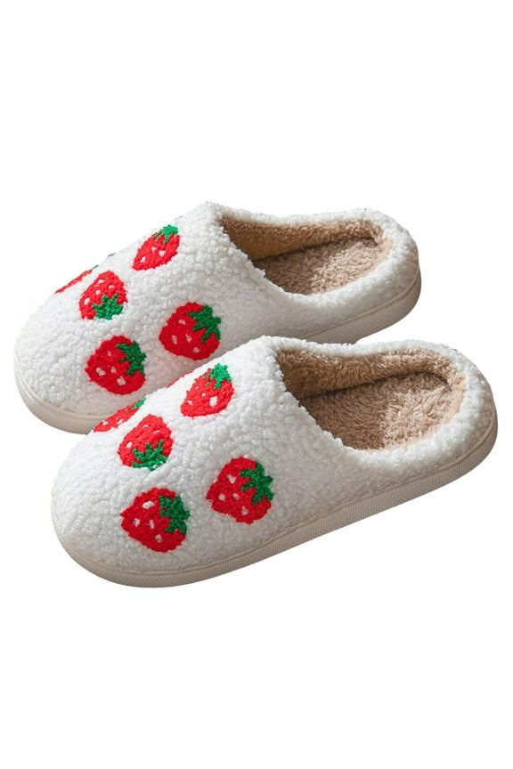 Fruit Slippers for Women Cute Strawberry Cherry Fuzzy Memory Foam Indoor Bedroom Slip on House Shoes White