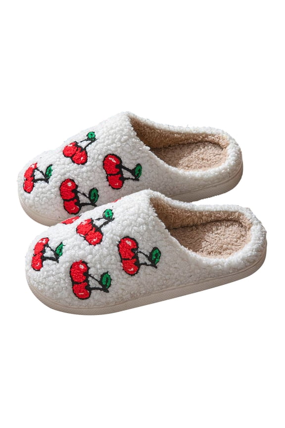 Fruit Slippers for Women Cute Strawberry Cherry Fuzzy Memory Foam Indoor Bedroom Slip on House Shoes White