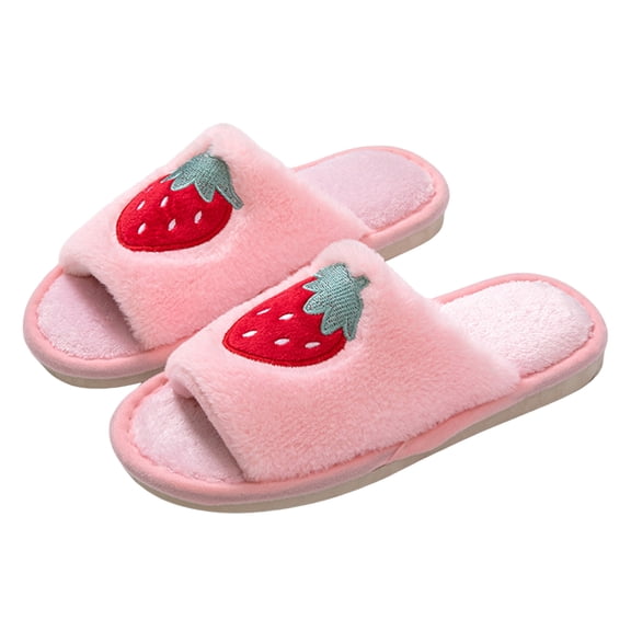 Fruit Slippers for Women Girls Cute Cherry Open Toe House Shoes Winter Warm Fuzzy Hotel Spa Memory Foam Slip on Indoor and Outdoor