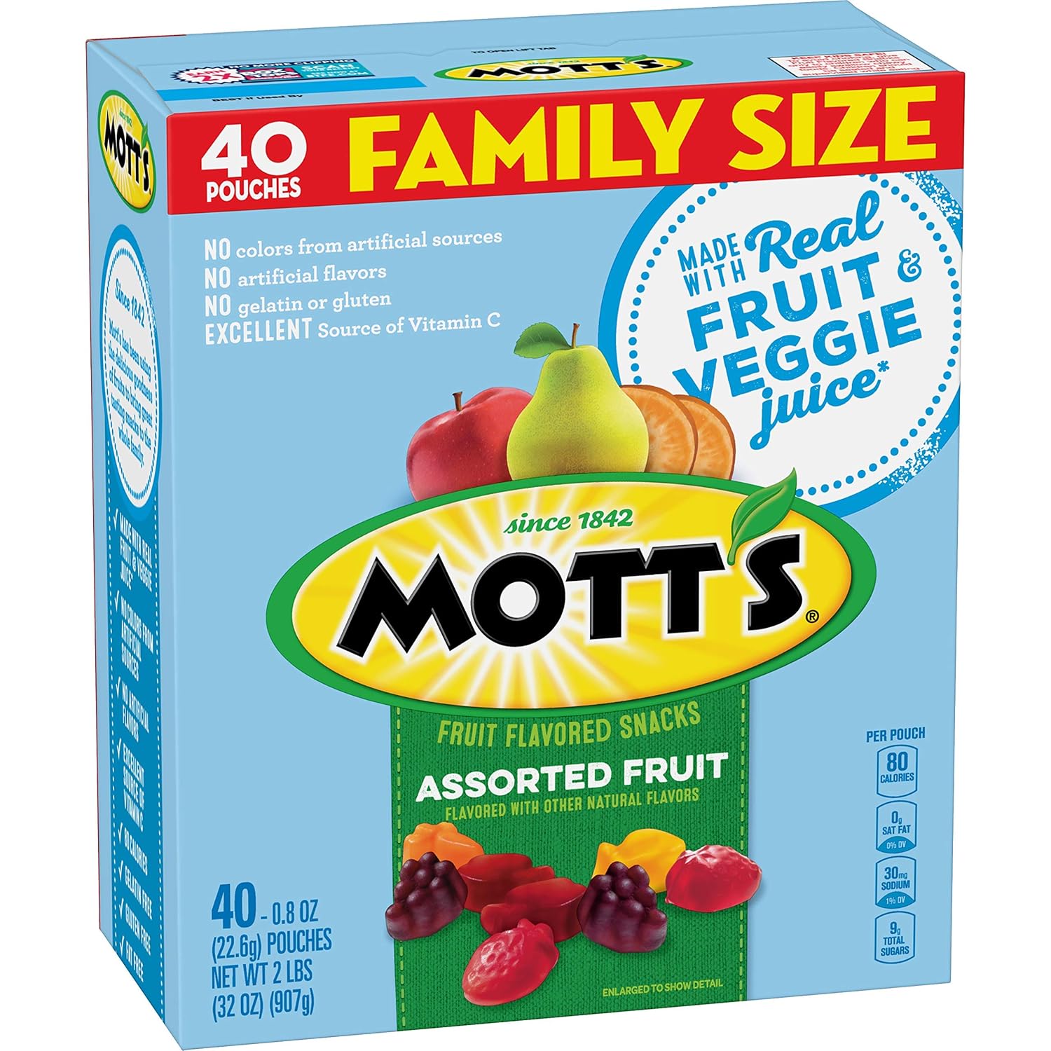 Fruit Snacks, Assorted Fruit Gluten Snacks, Family Size, 40 Count per