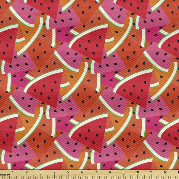 Ambesonne Fruit Fabric by the Yard Upholstery, Cartoon Art Watermelon Slices, 5 Yards, Multicolor
