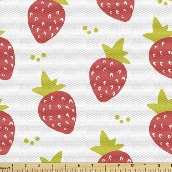 Ambesonne Fruit Fabric by the Yard Upholstery, Summer Coral Strawberries, 10 Yards, Yellow Green Coral and White