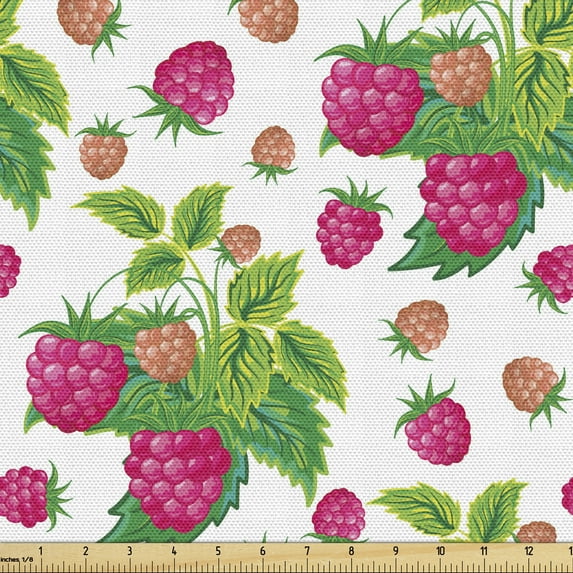 Ambesonne Fruit Fabric by the Yard Upholstery, Raspberries and Green Leaves, 1 Yard, Green Magenta
