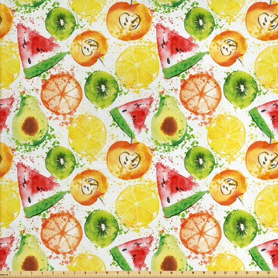 Ambesonne Fruit Fabric by the Yard Upholstery, Watermelon Kiwi Avocado, 5 Yards, Multicolor