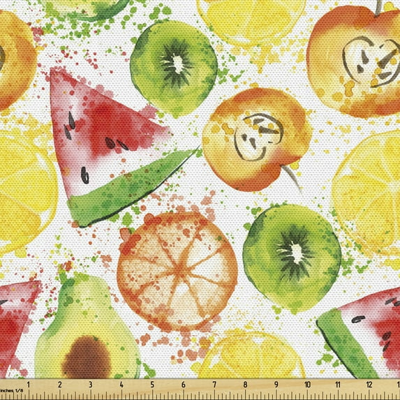 Ambesonne Fruit Fabric by the Yard Upholstery, Watermelon Kiwi Avocado, 1 Yard, Multicolor