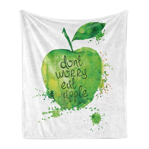 Fruit Soft Flannel Fleece Blanket, Dont Worry Eat Apple Words on Watercolor Green Fruit Hand Drawn Brush Strokes, Cozy Plush for Indoor and Outdoor Use, 50" x 60", Apple Green White, by Ambesonne