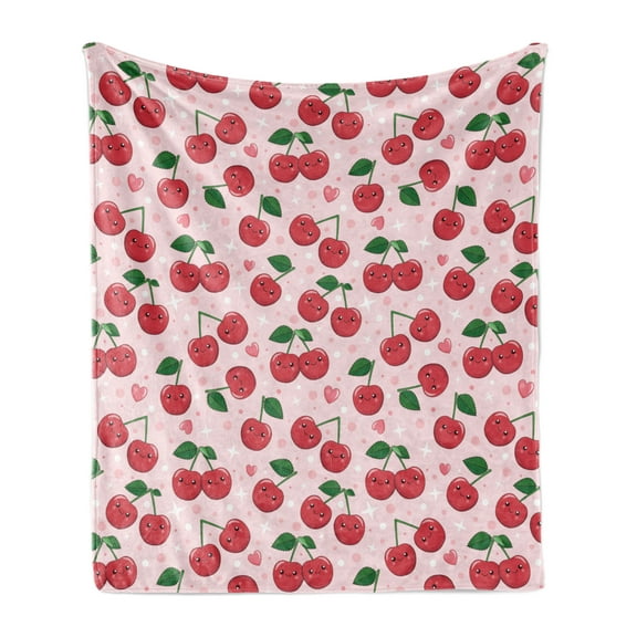 Fruit Soft Flannel Fleece Blanket, Funny Kawaii Berries of Cherry Branches Smiling Faces Love Romance Couples, Cozy Plush for Indoor and Outdoor Use, 70" x 90", Pale Pink Ruby Green, by Ambesonne