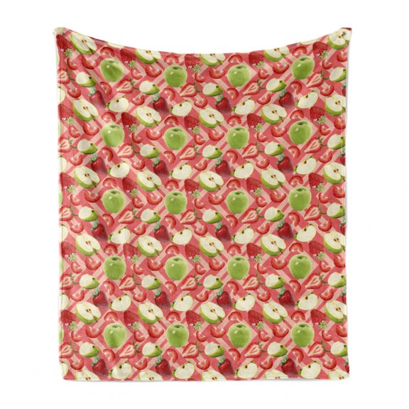 Fruit Soft Flannel Fleece Blanket, Green Apples and Strawberries Image on Diagonal Squares Ornamented Background, Cozy Plush for Indoor and Outdoor Use, 50" x 60", Coral Multicolor, by Ambesonne