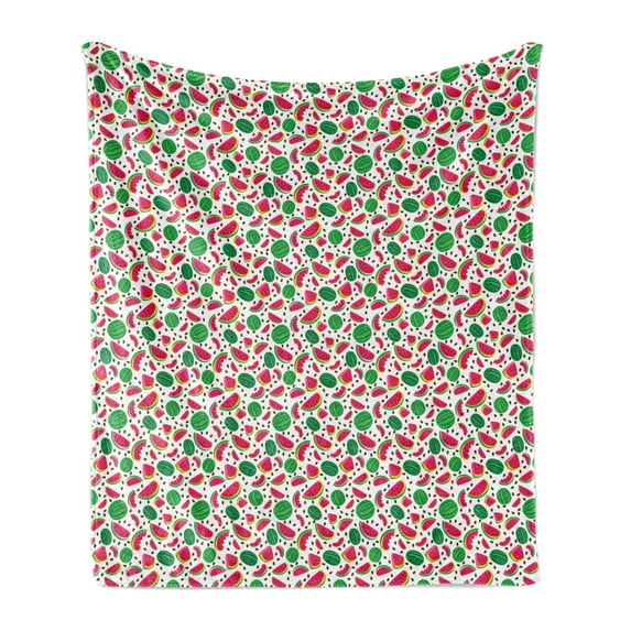 Fruit Soft Flannel Fleece Blanket, Pattern of Summer Themed Full and Half Watermelons Slices and Kernel's, Cozy Plush for Indoor and Outdoor Use, 60" x 80", White Hot Pink and Green, by Ambesonne