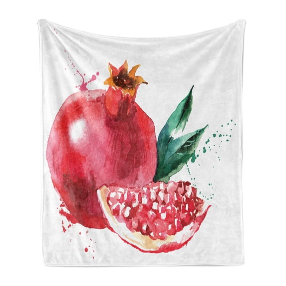 Fruit Soft Flannel Fleece Blanket, Pomegranate Hand Drawn Watercolor Style Paint Yummy Juicy Winter Taste Art, Cozy Plush for Indoor and Outdoor Use, 50" x 70", Magenta Forest Green, by Ambesonne
