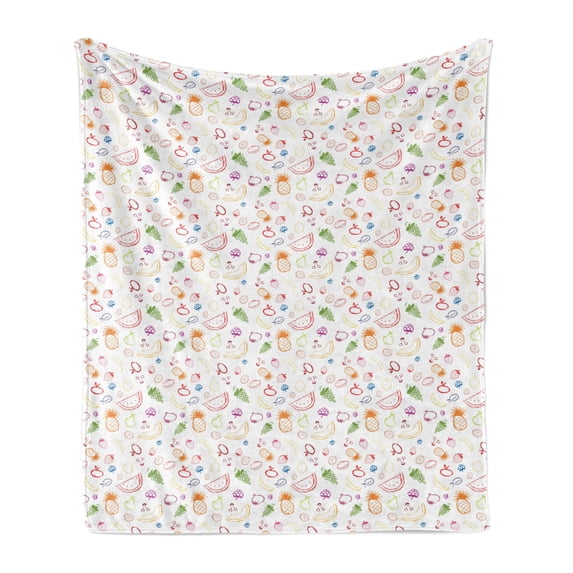 Fruit Soft Flannel Fleece Blanket, Sketch Vegetarian Berries and Food Grapes Lemon Pear Pineapple Cherry and Strawberry, Cozy Plush for Indoor and Outdoor Use, 50" x 70", Multicolor, by Ambesonne