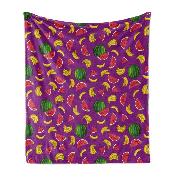 Fruit Soft Flannel Fleece Blanket, Watermelon Bananas Summer Tasty Traits of Nature Cuisine Rhythmic Motifs Print, Cozy Plush for Indoor and Outdoor Use, 50" x 60", Purple Multicolor, by Ambesonne