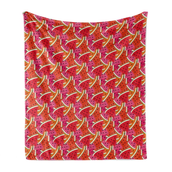 Fruit Soft Flannel Fleece Throw Blanket, Cartoon Design Exotic Watermelon Slices Covered Background Illustration Art Print, Cozy Plush for Indoor and Outdoor Use, 50" x 70", Multicolor, by Ambesonne