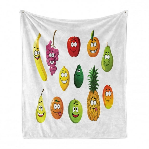 Fruit Soft Flannel Fleece Throw Blanket, Colorful Smiling Happy Food Orange Banana Grape Pear Avocado Funny Cartoon Image, Cozy Plush for Indoor and Outdoor Use, 70" x 90", Multicolor, by Ambesonne