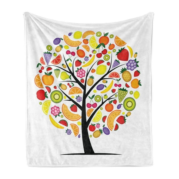 Fruit Soft Flannel Fleece Throw Blanket, Colorful Fruit Tree Silhouette with a Variety of Vegetarian Options Banana Orange, Cozy Plush for Indoor and Outdoor Use, 70" x 90", Multicolor, by Ambesonne