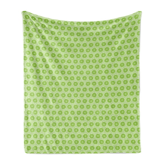 Fruit Soft Flannel Fleece Throw Blanket, Continuous Pattern with Round Slices of Lime Citrus Food on Thin Stripes, Cozy Plush for Indoor and Outdoor Use, 50" x 70", Lime Green and White, by Ambesonne