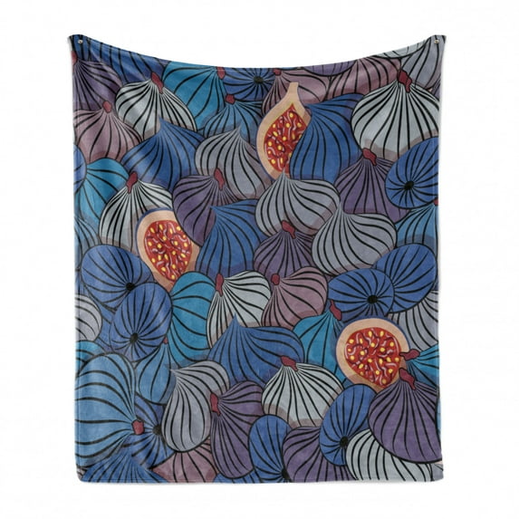 Fruit Soft Flannel Fleece Throw Blanket, Half Whole Fig Fruits Ripe Gourmet Vivid Mediterranean Region Artwork, Cozy Plush for Indoor and Outdoor Use, 60" x 80", Blue Purple Grey, by Ambesonne