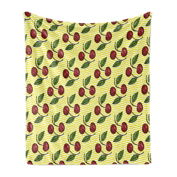 Fruit Soft Flannel Fleece Throw Blanket, Hand Drawn Cherry Design on Yellow Toned Curvy Stripes Summer Season Fruits, Cozy Plush for Indoor and Outdoor Use, 50" x 60", Multicolor, by Ambesonne
