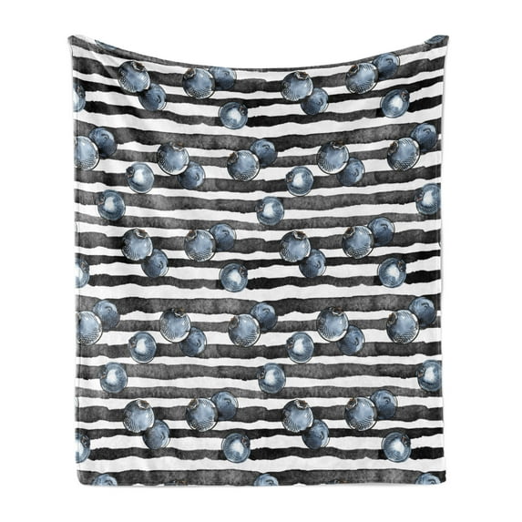Fruit Soft Flannel Fleece Throw Blanket, Natural Theme Fresh Blueberries Patterns Striped Background Watercolor Inspired, Cozy Plush for Indoor and Outdoor Use, 50" x 60", Multicolor, by Ambesonne