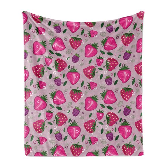 Fruit Soft Flannel Fleece Throw Blanket, Natural Theme Strawberries Blackberries and Raspberries Summer Pattern, Cozy Plush for Indoor and Outdoor Use, 50" x 70", Magenta and Grey Pink, by Ambesonne