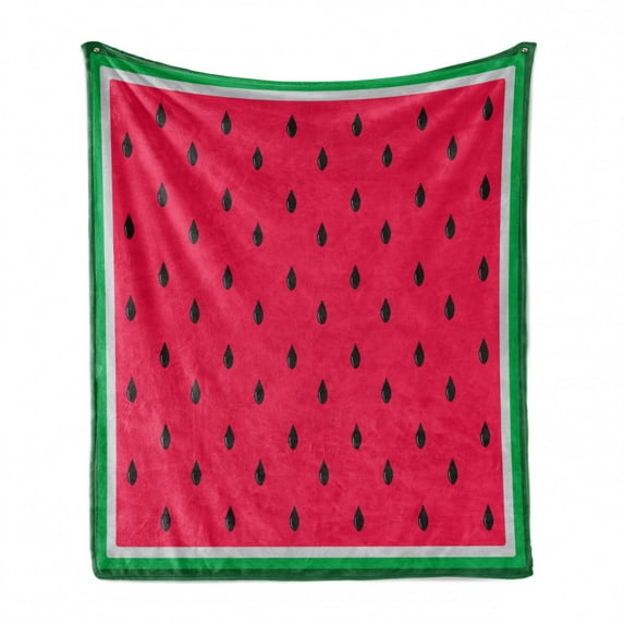Fruit Soft Flannel Fleece Throw Blanket, Pattern of Square Shaped Watermelon Slice with Illustration Healthy Foods, Cozy Plush for Indoor and Outdoor Use, 50" x 60", Pink Fern Green, by Ambesonne