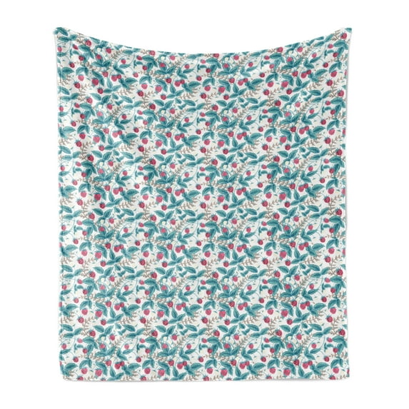 Fruit Soft Flannel Fleece Throw Blanket, Raspberry Pattern with Foliage Leaves Hand Drawn Seasonal Food Spring Vegetation, Cozy Plush for Indoor and Outdoor Use, 60" x 80", Multicolor, by Ambesonne