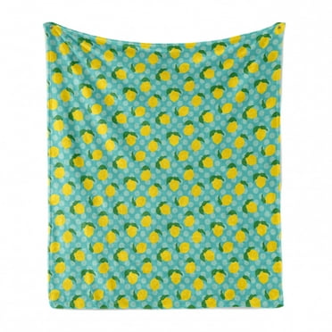 Fruit Soft Flannel Fleece Throw Blanket, Repetitive Lemons Citrus Pattern on Polka Dotted Background, Cozy Plush for Indoor and Outdoor Use, 50" x 70", Yellow Fern Green, by Ambesonne