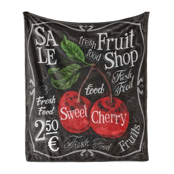 Fruit Soft Flannel Fleece Throw Blanket, Ripe Cherries Sketch Style Stem and Leaves Fruit Shop Sign Design on Dark Backdrop, Cozy Plush for Indoor and Outdoor Use, 50" x 70", Multicolor, by Ambesonne