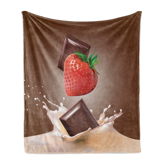 Fruit Soft Flannel Fleece Throw Blanket, Strawberries Chocolate and Milk Design Drink Ingredients on Brown Ombre Background, Cozy Plush for Indoor and Outdoor Use, 50" x 70", Multicolor, by Ambesonne