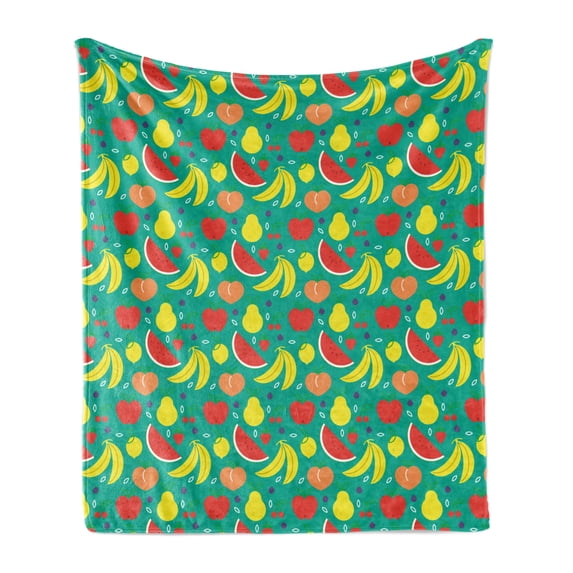 Fruit Soft Flannel Fleece Throw Blanket, Summer Time Layout of Watermelon Bananas Peach Pears Strawberries and Lemons, Cozy Plush for Indoor and Outdoor Use, 70" x 90", Shamrock Green, by Ambesonne