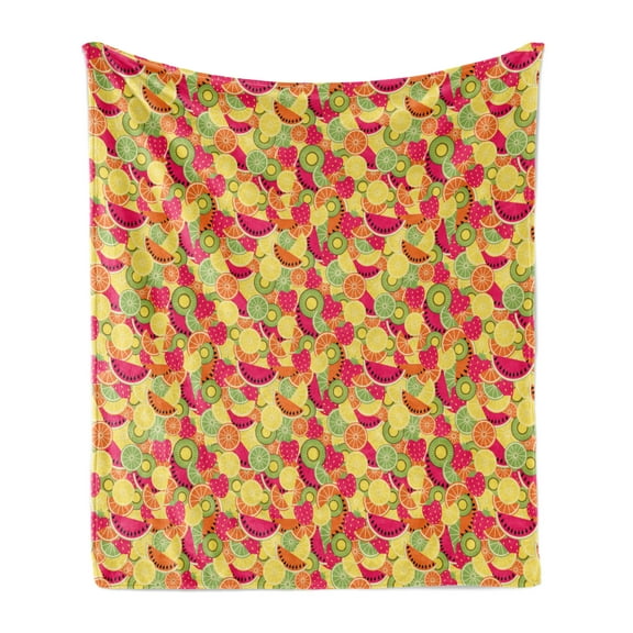 Fruit Soft Flannel Fleece Throw Blanket, Tropical Nature Fruits with Orange Watermelon and Strawberries Colorful Vegan Food, Cozy Plush for Indoor and Outdoor Use, 70" x 90", Multicolor, by Ambesonne