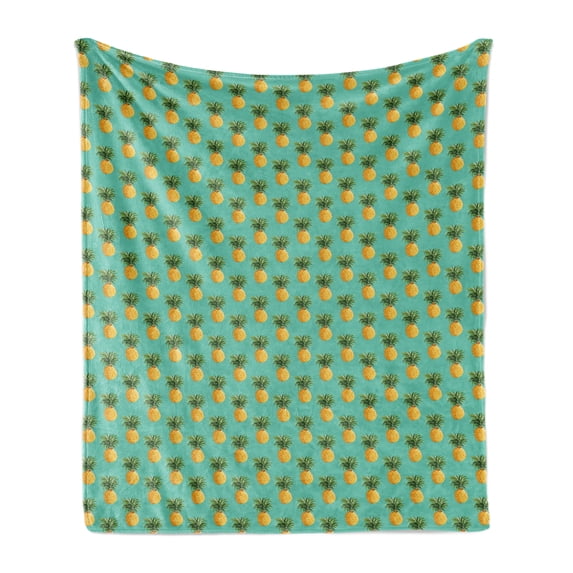 Fruit Soft Flannel Fleece Throw Blanket, Tropical Pineapples and Leaves Exotic Hawaiian Cuisine Vintage Design, Cozy Plush for Indoor and Outdoor Use, 50" x 70", Turquoise Yellow, by Ambesonne
