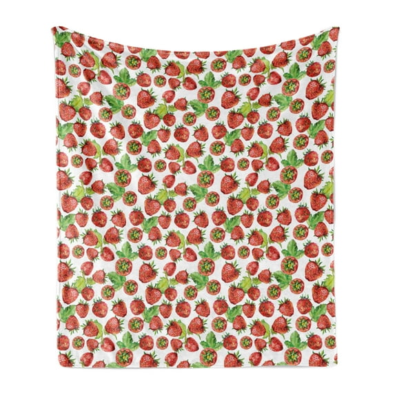 Fruit Soft Flannel Fleece Throw Blanket, Vibrant Strawberry Watercolor Yummy Fruits Artwork, Cozy Plush for Indoor and Outdoor Use, 70" x 90", Lime Green Red, by Ambesonne