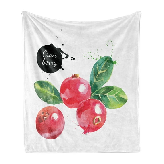 Fruit Soft Flannel Fleece Throw Blanket, Watercolor Cranberry with Grunge Paint Marks Fresh Fruit Arrangement, Cozy Plush for Indoor and Outdoor Use, 70" x 90", Dark Coral Black, by Ambesonne