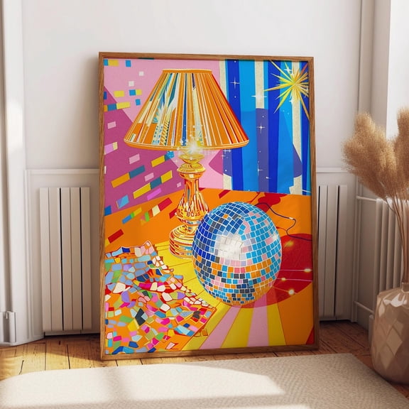 Retro Lamp And Disco Ball Wall Art - 80S Theme Party Disco Vibes Decor - Funky Music Pop Art Poster Wall Art, Modern Wall Decor, 8x12 UNFRAMED