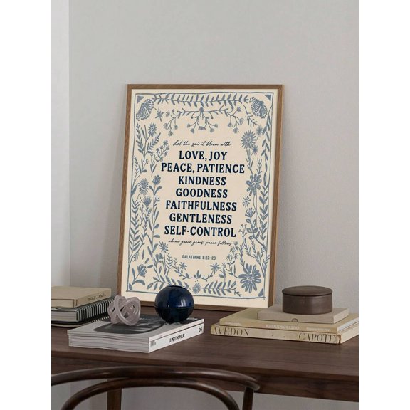 Fruit of the Spirit Wall Art, Galatians 5:22-23 Bible Verse Print, Blue Wildflower Border Scripture Poster, Boho Christian Faith Canvas, Religious Inspirational Wall Decor