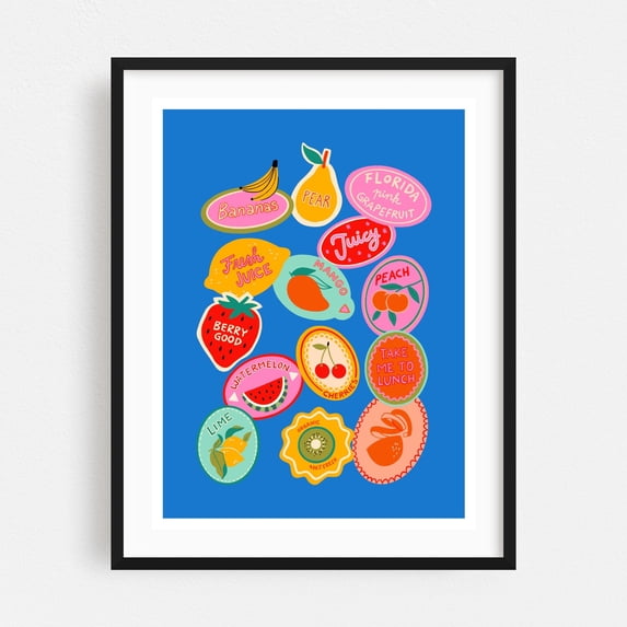 Fruit Stickers - Digital Art Fruit Illustration Pop Art Kitchen Decor Modern Art Humor Pattern Black Framed Wall Art Print 18 x 24 inches
