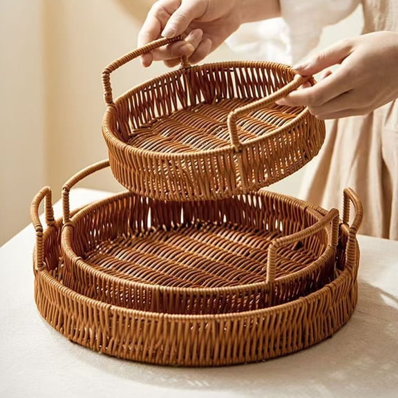 Fruit Storage Basket Tray for Countertop, Cane Woven Look Carbon Steel, Decorative Serving Platter for Snacks, Dried Fruit, Bread and Tabletop Organization
