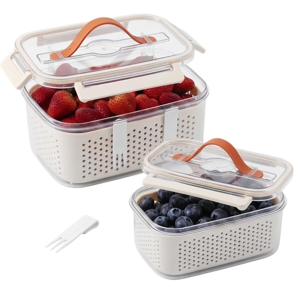 Fruit Storage Containers for Fridge, 2 Pack Produce Saver with Colander and -in Forks, 57 oz & 13 oz Airtight Containers with , Berry Keeper, to go box for lunch, travel, office