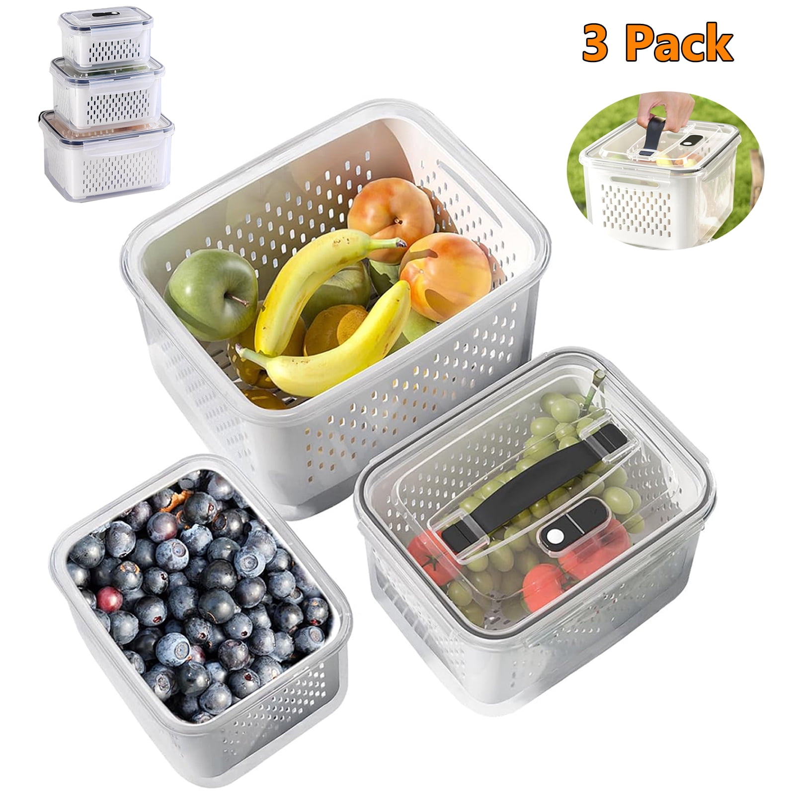 Fruit Storage Containers for Fridge 3 Pack Kitchen Organizers
