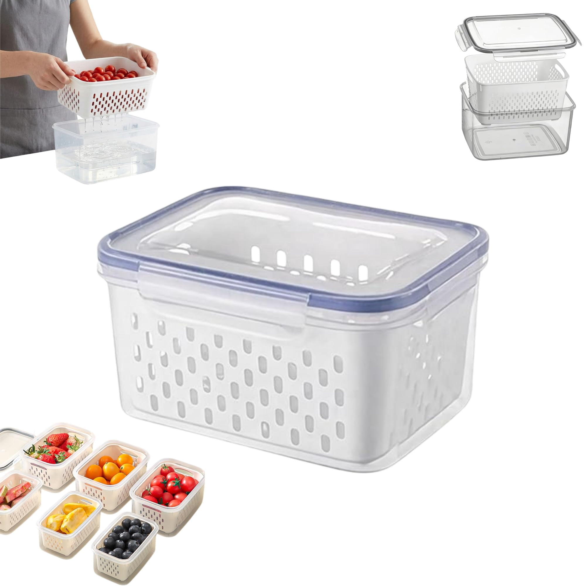 Fruit Storage Containers for Fridge, 4 in 1 Food Storage Container with Removable Colander, Airtight Produce Saver, Stackable Fridge Organizer for Wash, Drain & Store