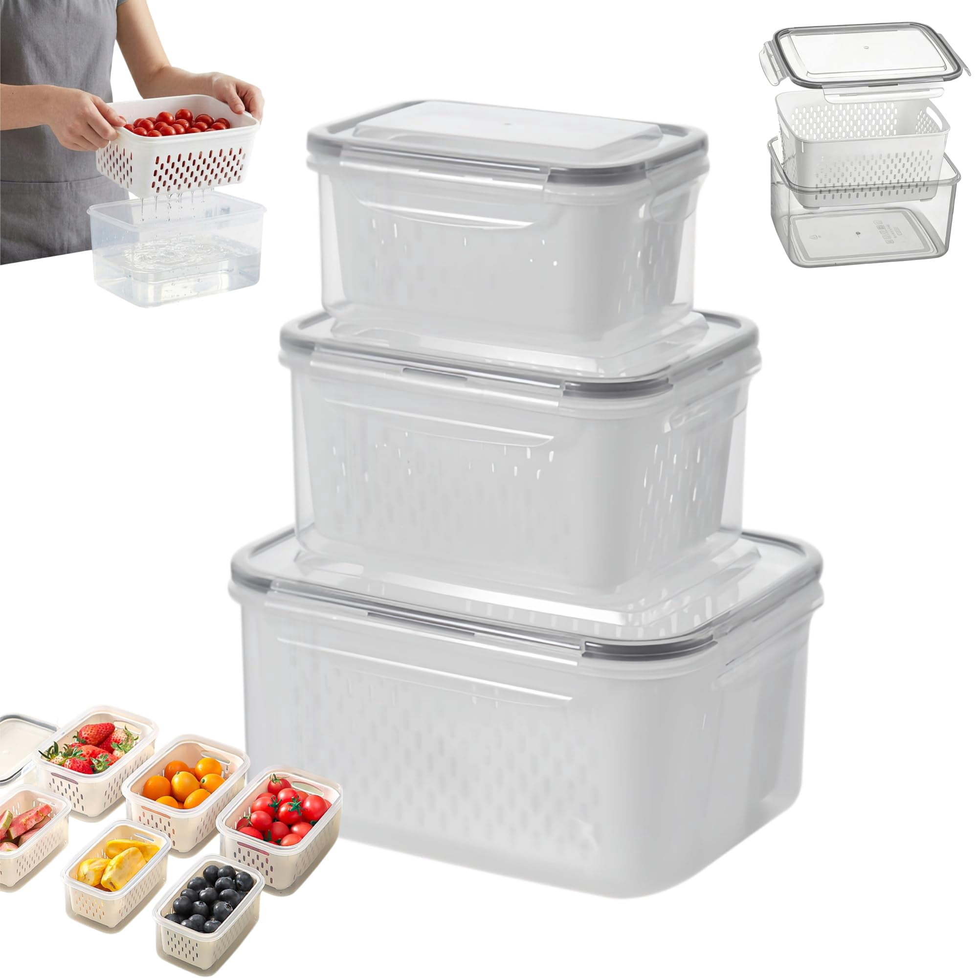 Fruit Storage Containers for Fridge, 4 in 1 Food Storage Container with Removable Colander, Airtight Produce Saver, Stackable Fridge Organizer for Wash, Drain & Store