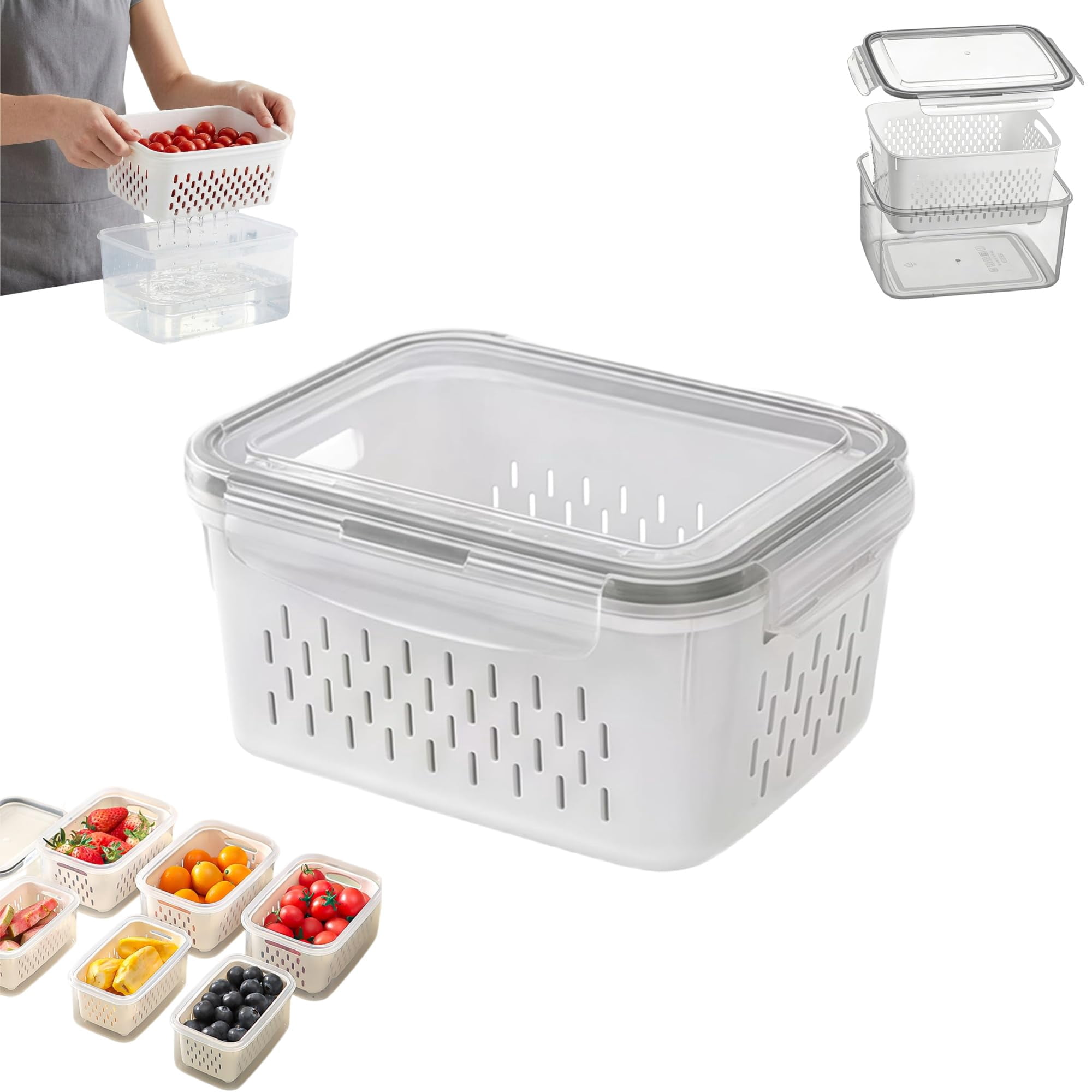 Fruit Storage Containers for Fridge, 4 in 1 Food Storage Container with Removable Colander, Airtight Produce Saver, Stackable Fridge Organizer for Wash, Drain & Store