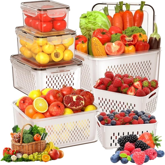 Fruit Storage Containers for Fridge, 4 in 1 Food Storage Containers with Lids, Berry Containers for Fridge, Built-In Strainer for Crisp Produce, Sealed Leak-Proof (Blue-57OZ)
